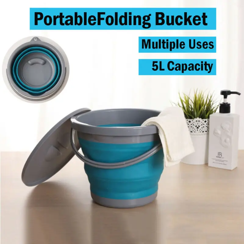 5L Folding Fishing Bucket with Lid Collapsible Silicone Plastic Kitchen Outdoor Camping Garden
