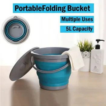 

5L Folding Fishing Bucket with Lid Collapsible Silicone Plastic Kitchen Outdoor Camping Garden Portable Water Bucket Car Travel
