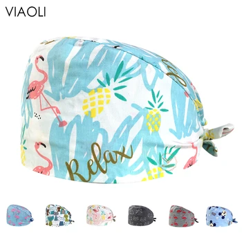 

Viaoli new Cotton Scrub Caps for Women and men Hospital Medical Hats Printing Tieback Elastic Section Surgical Caps