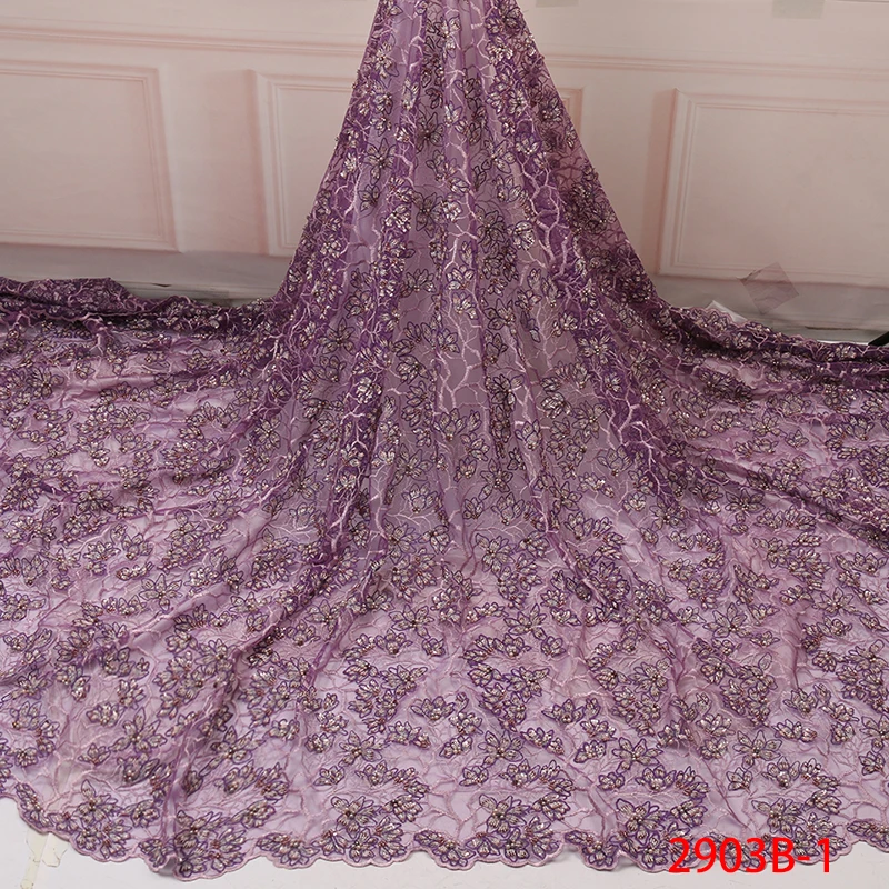 Fashion African Lace Fabric High Quality Lilac Lace Nigerian Lace Fabric 2019 High Quality Lace With Beaded 5yards QF2903B-1