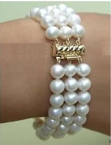 Bracelet Тройное strandsAAA 7-8 мм Настоящее Австралийское Южно-морское белое Жемчужное ожерелье 17-1" 14K - Цвет камня: Bracelet