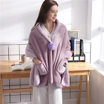 

Winter Cape Wearable Plush Blanket Ladies Tippet Warm Office Throw Blankets Soft Air Conditioning Nap Cobertor 65x170cm
