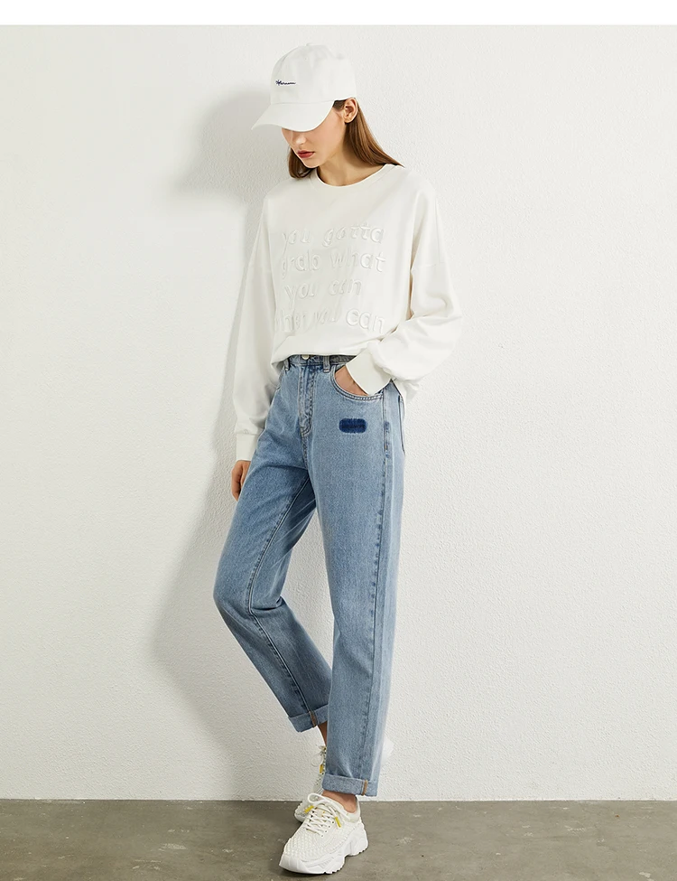 AMII Minimalism Autumn Fashion Embroidery Female Jeans Causal Cotton High Waist Straight Ankel-length Female Jeans 12070215