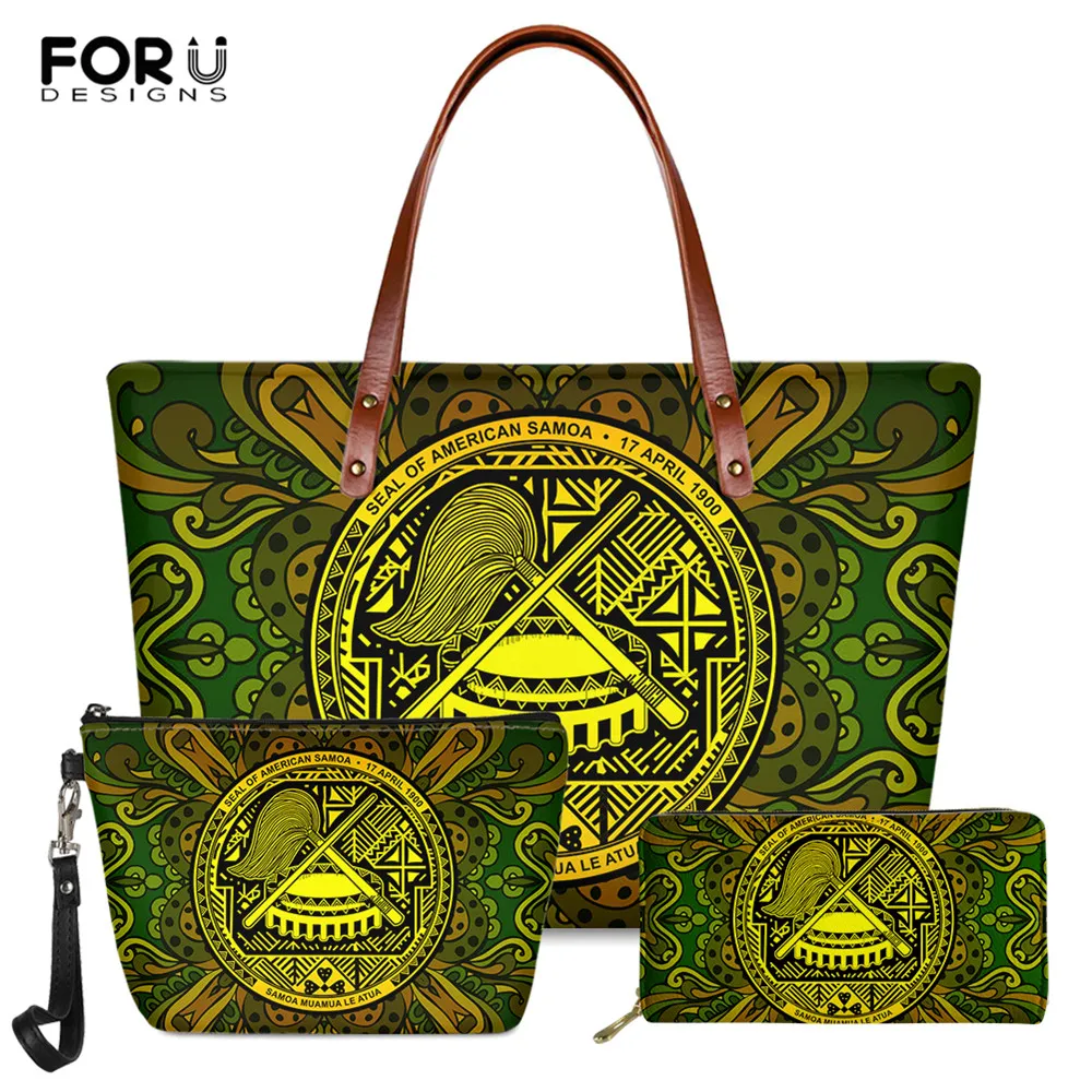 

FORUDESIGNS Samoa Polynesian Tattoo Style Fashion Women 3set Handbag and Long Pu Leather Wallet Luxury Ladies High Quality Totes