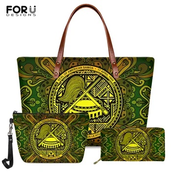 

FORUDESIGNS Samoa Polynesian Tattoo Style Fashion Women 3set Handbag and Long Pu Leather Wallet Luxury Ladies High Quality Totes
