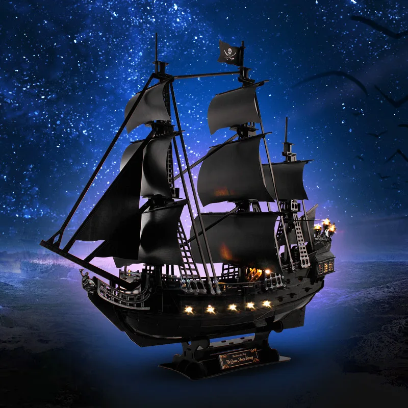 

308Pcs 3D Puzzle DIY Boat Model 1:95 Pirates Of The Black Pearl Ship Children Educational Toys LED Light Jigsaw Kid Gift