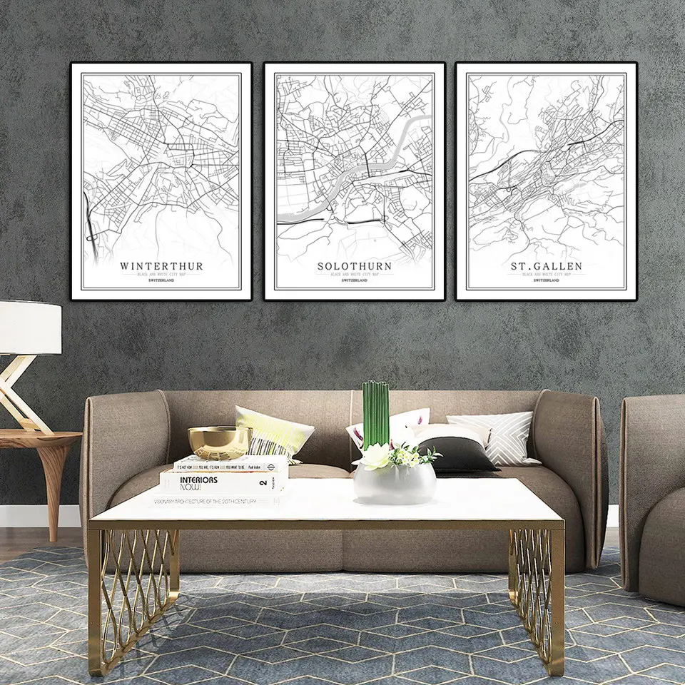 

Switzerland Black White World City Map Poster Nordic Living Room Bern Lausanne Biel Wall Art Pictures Home Decor Canvas Painting