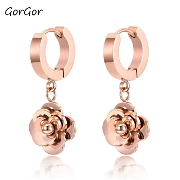 

GorGor Women Fashion Camellia Earrings Titanium Steel Geometry Rose Gold Elegant Eardrop Sweet Ladies Fashion Ear Clip 482