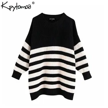 

Vintage Stylish Oversized Striped Knitted Sweater Women 2020 Fashion O Neck Long Sleeve Loose Ladies Pullovers Chic Tops