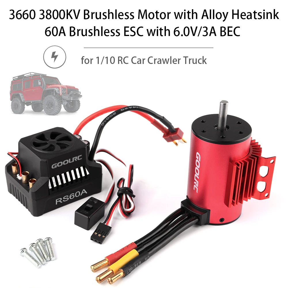 

GoolRC 3660 3800KV Brushless Motor with Alloy Motor Heatsink 60A Electronic Speed Controller ESC with 6.0V BEC for 1/10 RC Car