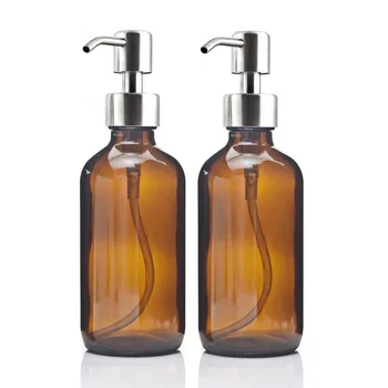 

8 Oz Large 250ml Liquid Soap Dispensers with Stainless Steel Pump for essential oils homemade lotions round amber glass bottles