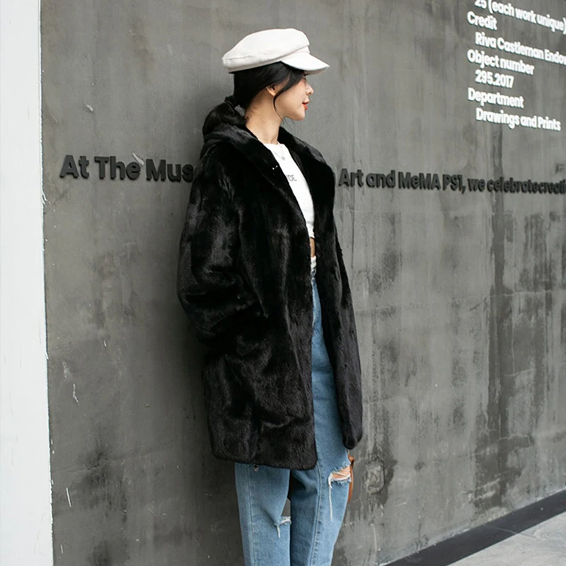 Ftangaiur Winter Import Velvet Mink Fur Coat With Fur Hood Full Pelt Natural Fur Coat Women's Medium Real Mink Fur Coats