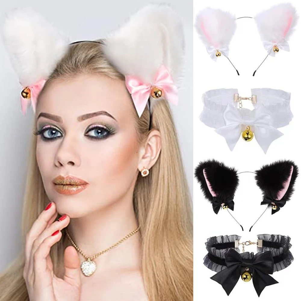 1Set Cat Ear Headband With Bells Necklace Cosplay Girl Fancy Dress Hairband Plush Furry Cat Ears
