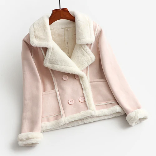 Yuxinfeng для женщин зимние замшевые кожаные пальто модные толстые плюс бархат короткая куртка из шерсти ягнят Женская высокая уличная верхняя одежда - Цвет: Розовый