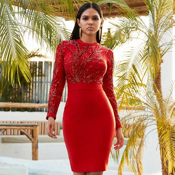 

2020 Spring Elegant Bandage Mini Embroidery O-Neck Dress Celedrity Sexy Women Night Club Body con Party Full Dresses Wholesale