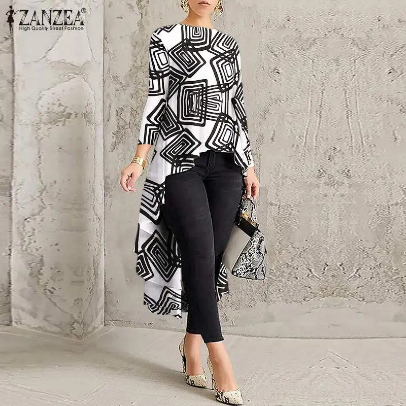 ZANZEA informal-Blusa de manga larga para mujer, camisa Irregular estampado geométrico elegante, cuello redondo, 2022 - AliExpress Ropa de mujer