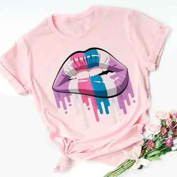 

Casual Color Lips Graphic Print Pink T Shirt Loose Streetwear Women T-shirt 80s Short Sleeve Summer Top With Fun Pattern Tshirt