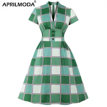 

Plus Size 4XL Ladies Green Plaid Print Vintage Dress Women Clothing Casual Swing Party Robe Rockabilly 1950s Dresses Vestdios