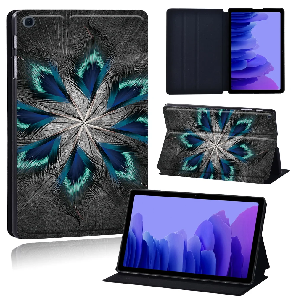 Tablets Case for Samsung Galaxy Tab A7 10.4 Inch 2020 T500/T505 Printed Feather PU Leather Tablet Stand folio Cover+ Free Stylus