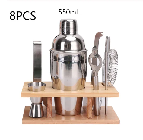 550ml 8pcs Коктейльный шейкер из нержавеющей стали, набор из 8 предметов с деревянной подставкой для бара, вечерние коктейльные шейкеры - Цвет: 550ml 8pcs