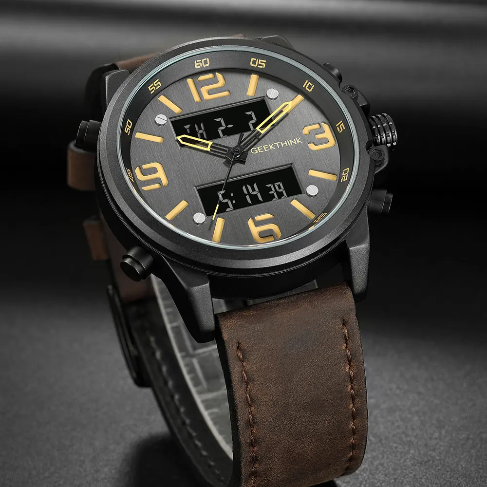  2019 Military Men's Sports Watches Quartz Man Leather Band Relogios Masculino Digital Dual Movement