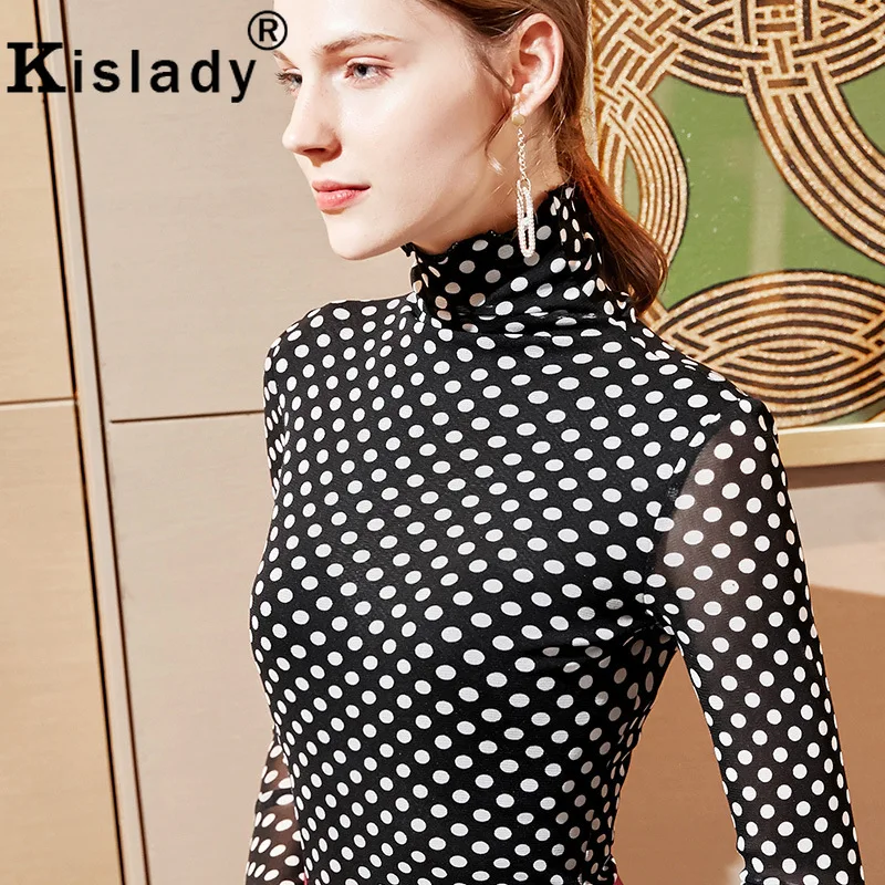 Kislady Осенняя Женская винтажная приталенная рубашка в горошек с высоким воротом и волнистым дизайном, элегантные сетчатые топы из органической кожи в Корейском стиле Харадзюку