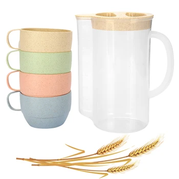 

5Psc Wheat Straw Cold Kettle Set with 4 Multicolor Cups for Kids Adult Lightweight Natural Reusable Drinking Mugs for Cool Water