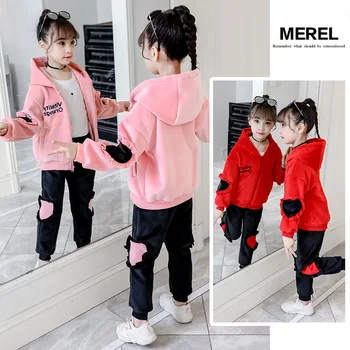 

Children's Clothes Set 2019 New Autumn Winter Girls Velvet Thickening Hooded Zipper Jacket + Pants Two-piece