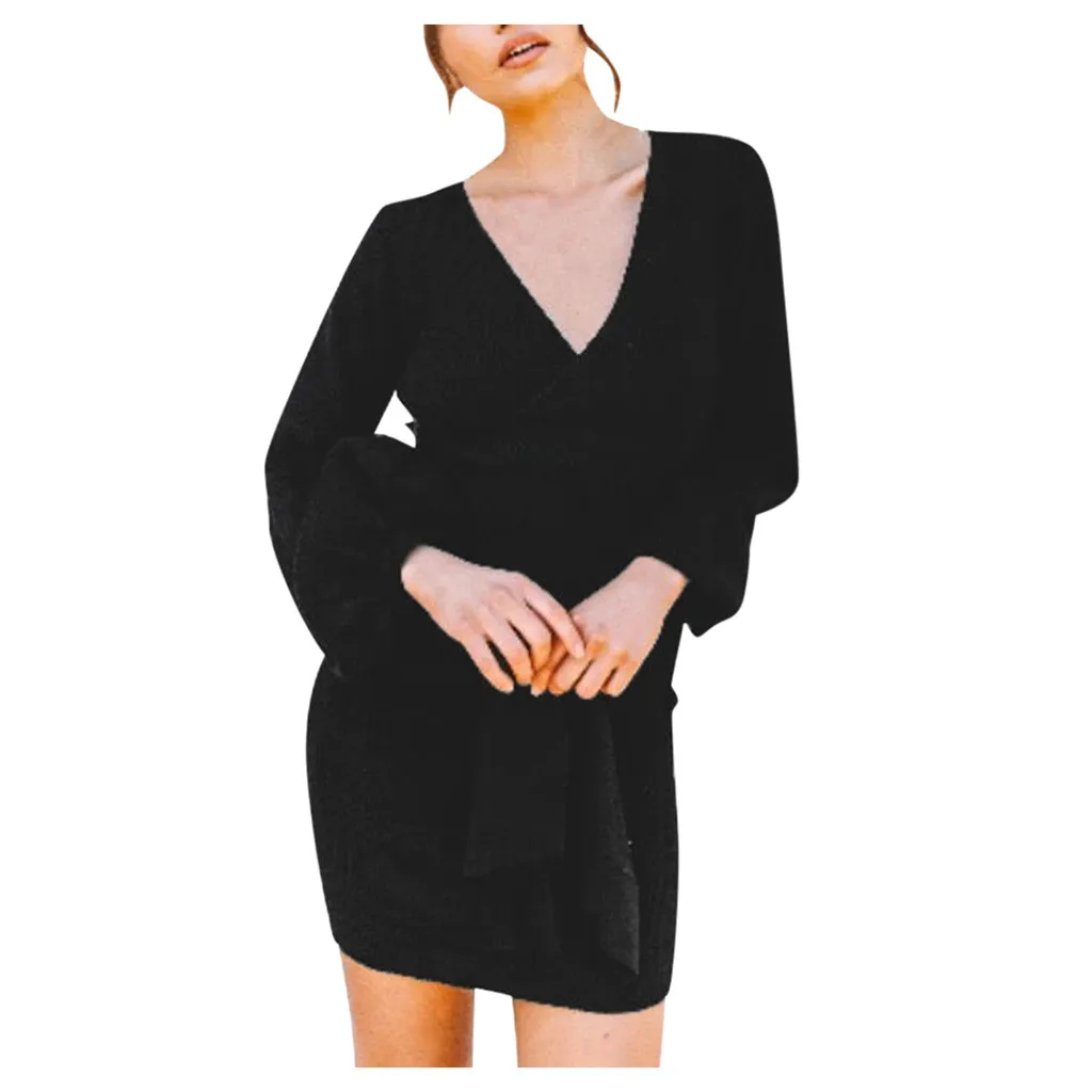 Черный Sukienki vestidos, платье размера плюс, женское, Дамское, с длинным рукавом, шерстяные платья, женские, вечерние, ночные, ropa mujer robe femme, Прямая поставка - Цвет: Черный