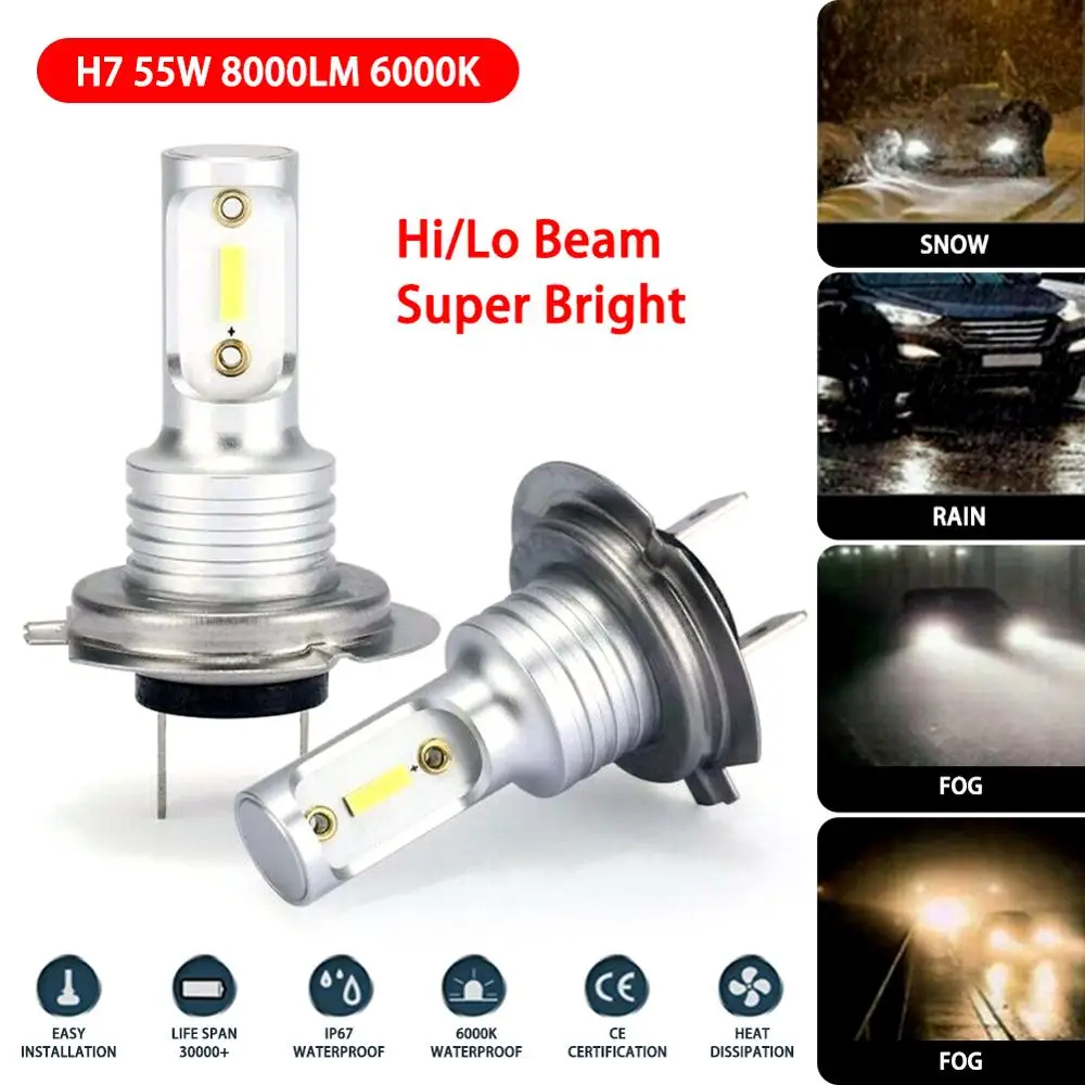 

2x H7 LED Headlight Bulbs Conversion Kit Hi/Lo Beam 55W 8000 LM Clear White 6000K Super Bright Signal Car Lights Car Accessories