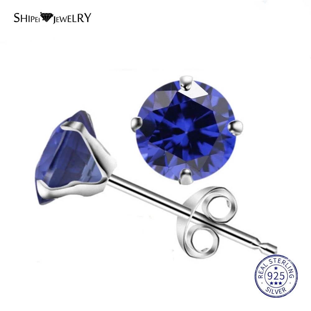 

Shipei 100% 925 Sterling Silver Fine Jewelry Simple 6-7mm Sapphire Emerald Ruby Round Stud Earrings for Women Birthday Gift
