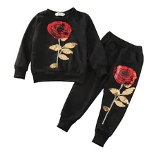 Pudcoco 2 шт., детская одежда с блестками наряд с розами, хлопковая одежда с длинными рукавами, футболка+ длинные штаны, комплект, спортивный костюм