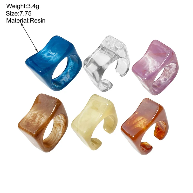 New Colorful Transparent Resin Acrylic Crystal Rhinestone Simple Geometric Square Round Rings Set for Women Fashion Jewelry