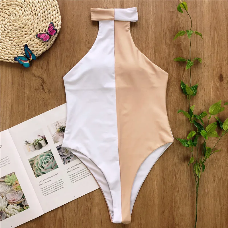 High leg bodysuits one-piece swimwear female Patchwork bikini Sexy swimsuit women summer bathers Neon high neck monokini