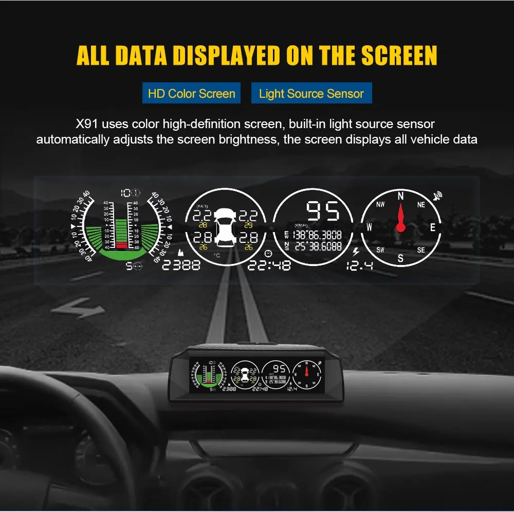 AUTOOL X91 3in1 HUD GPS Speedometer Slope Meter TPMS for All Vehicle Speed  Inclinometer Car Compass Pitch Tilt Angle Protractor