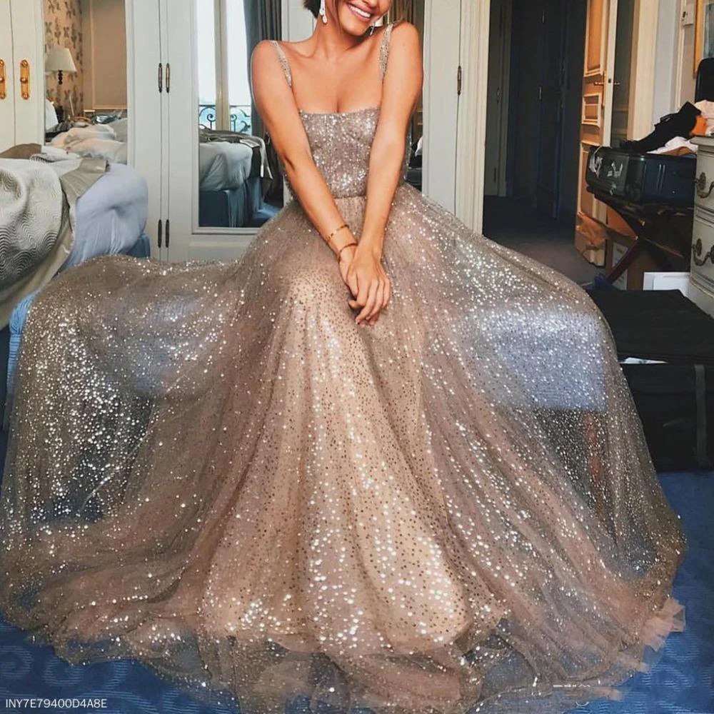 

Spaghetti Strap Shiny Sequins Prom Dresses 2020 Arrival Ruffle Formal Evening Party Gown with Lining Zipper Back Floor Length