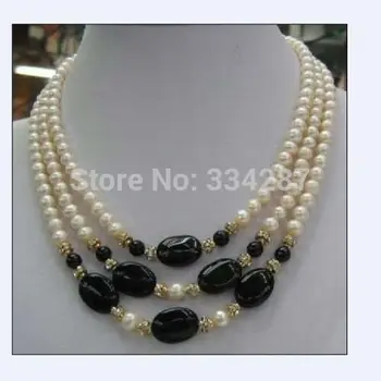 

3Rows Genuine 6-7MM Pearls Black Agates Wedding Jewelry gift necklaces
