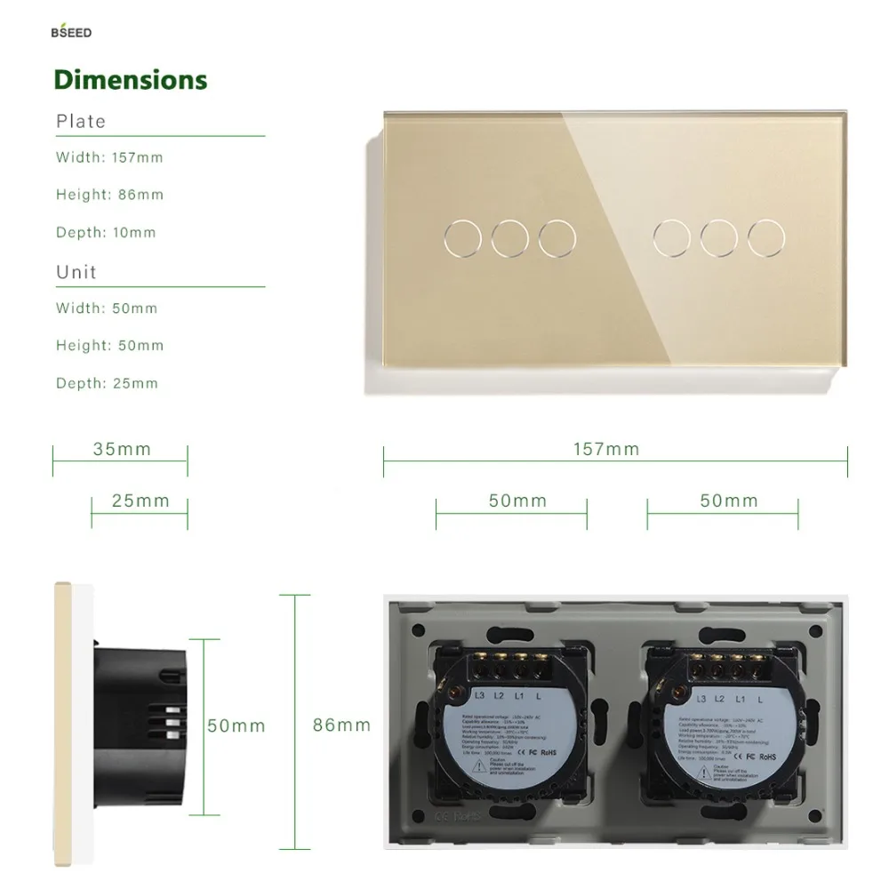 Bseed сенсорный переключатель, Wifi, двойной, 3 комплекта, светильник, настенный выключатель, 3 цвета, кристалл класса, панель, модный умный переключатель