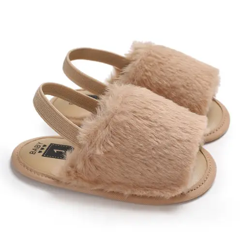 LXXIASHI Infant Baby Girls Plush Sandals Soft Sole Faux Fur Toddler Prewalker Slippers with Elastic Back Strap 3-11M 