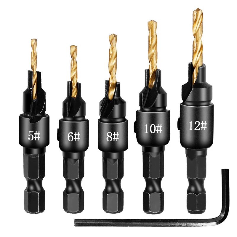 

Titanum Coated Woodworking Countersink Drill Bit Set 1/4 Quick change Hex Shank Screw Carpentry Reamer Chamfer Mill