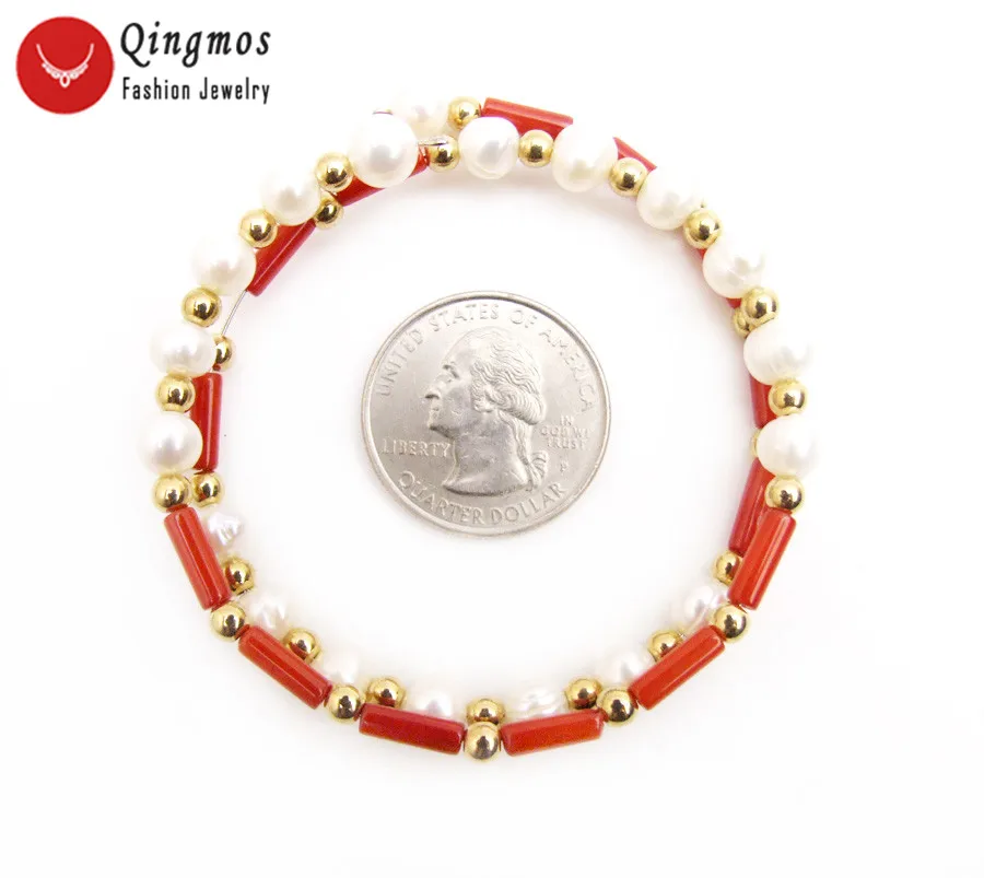 Qingmos модный 3*9 мм толстый ломтик натуральный красный коралловый браслет для женщин с 6 мм белый жемчужный браслет 1" стальная проволока обертывание ювелирных изделий