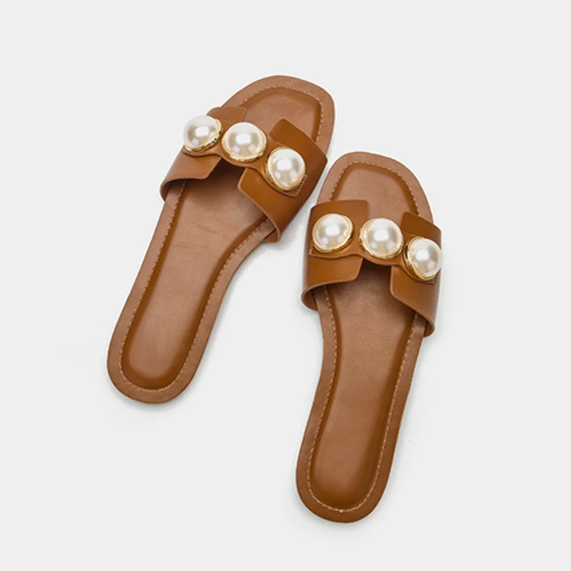 

New Fashion Flat Sandals For Women 2021 Pearl Slippres Pu Leather Flip Flops Casual Open Toe Outdoor Beach Slippers