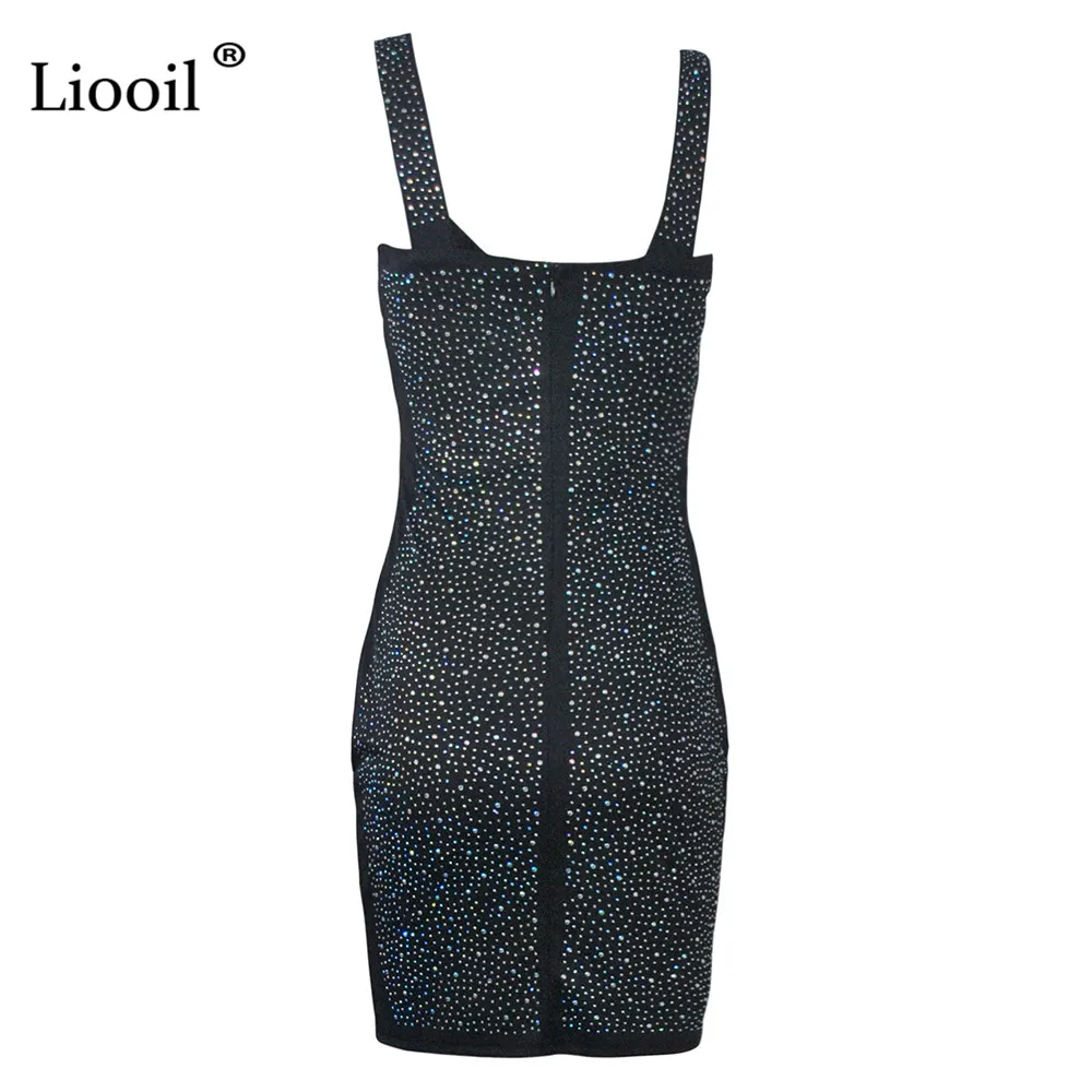 Liooil, сексуальное, стразы, облегающее, мини платье, для женщин, Клубная одежда,, без рукавов, на молнии, черный, синий, со стразами, облегающее, для ночного клуба, вечерние платья