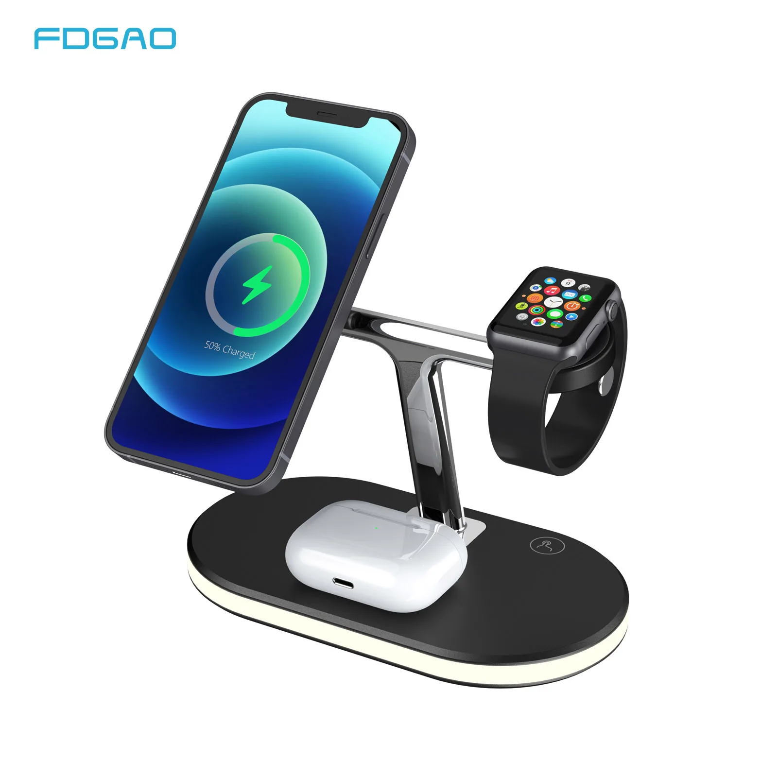 Беспроводное зарядное устройство 3 в 1 для iPhone 12 Pro Max Mini Apple Watch 6 Airpods Light магнитная