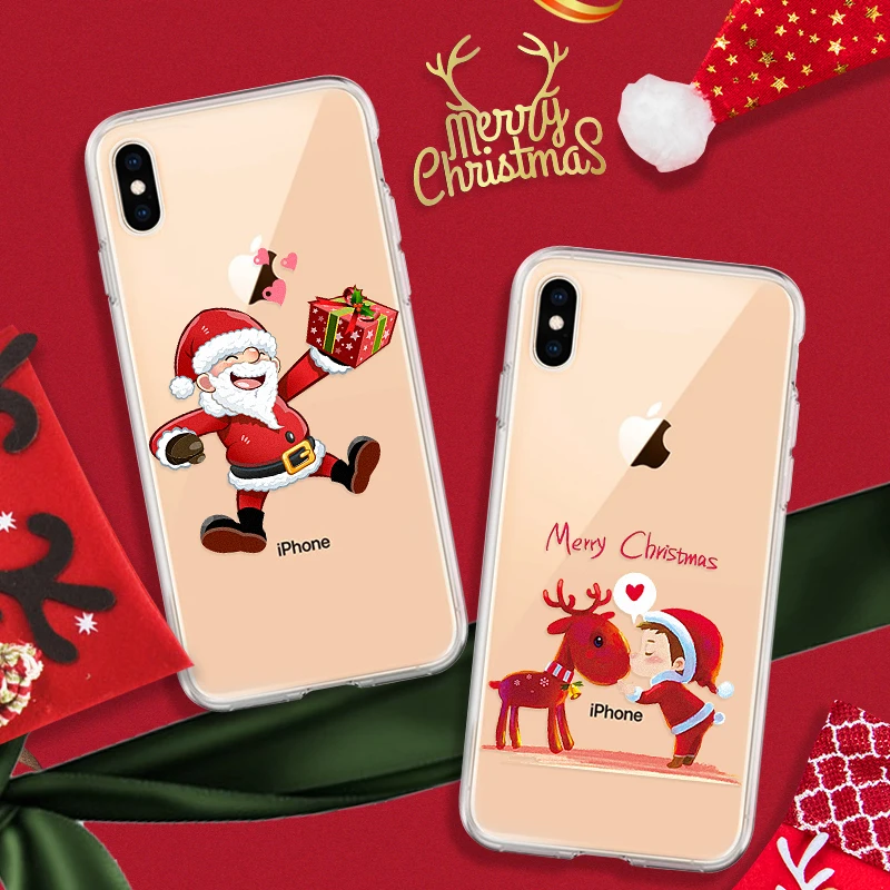 Прозрачный чехол с узором для iPhone 6 6S 7 8 Plus X XS Max XR Веселый Чехол для телефона с рождественским рисунком iPhone6 iPhone6S Plus чехол с принтом "Санта Клаус"