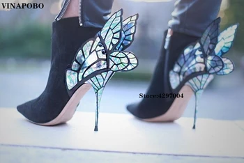 

3D Butterfly Angel Wing Ankle Boots High Heels Sequined Pointed Toe Sexy Boots Woman Leather Suede Stiletto Boots Party Shoes