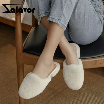

ZALAVOR Real Leather Women Winter Slipper Thick Heel Shoes Woman Fashion Warm Fur Lady Home Casual Daily Footwear Size 34-39