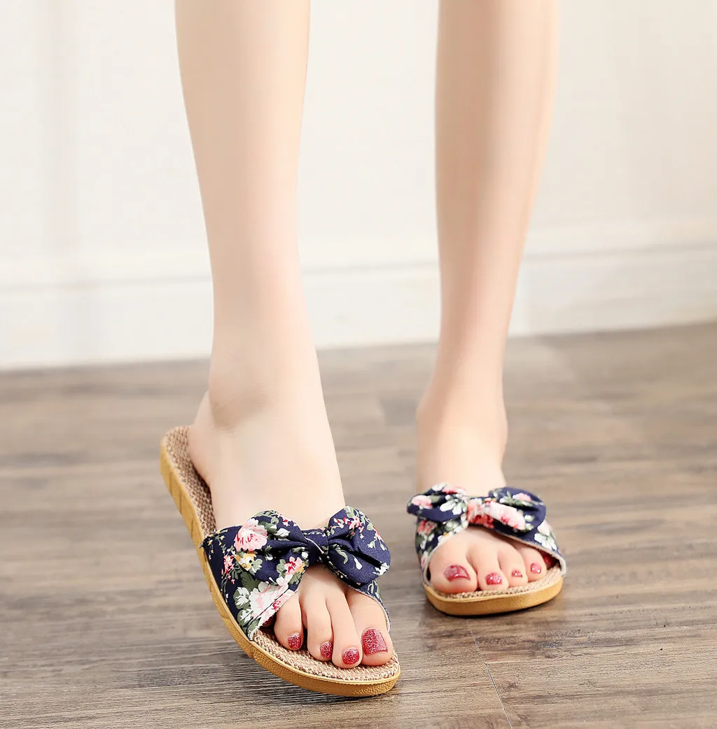 

Slip On Simple Women Female Linen Sole Bowknot Cool Slippers Bohemia Bowknot Flax Linen Flip Flops Beach Shoes Sandals Slipper