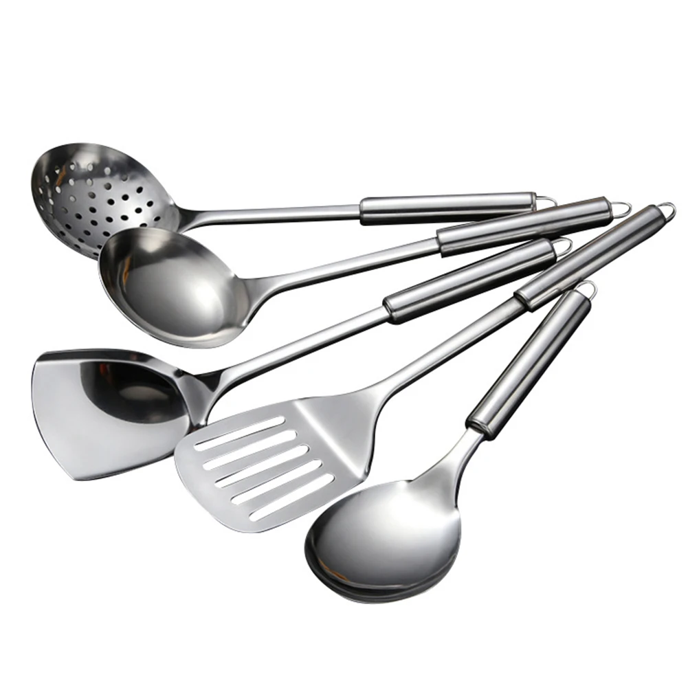 5Pcs Stainless Steel Practical Durable Easy Clean Spoon With Hanging Hole Healthy Serving Tools Kitchen Utensil Set Spatula