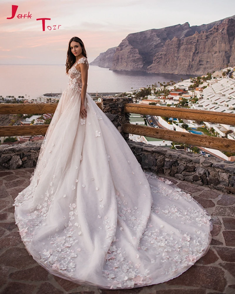 2019 Новое поступление цветочные подвенечные платья Robe De Mariage с коротким рукавом и низким вырезом на спине аппликации Бисероплетение